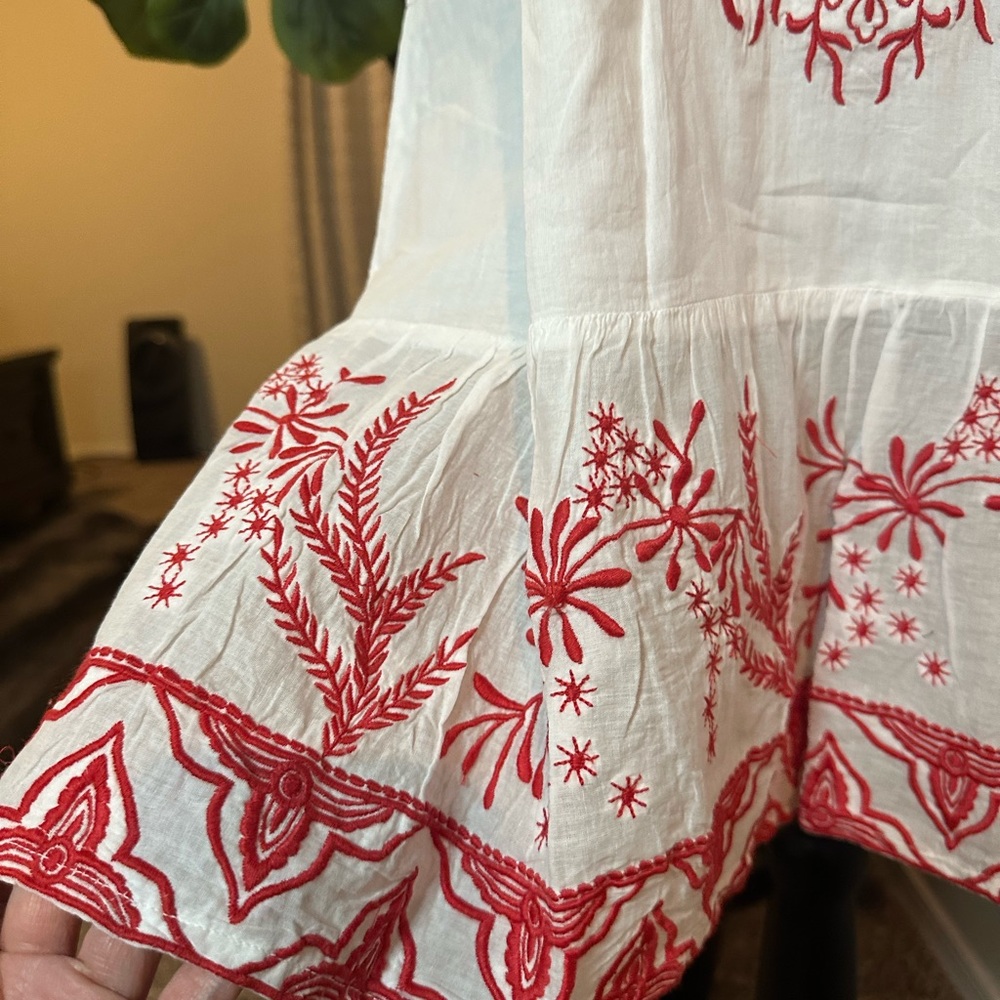 BOHO White and Red Embroidered Mini Dress - Picture 6 of 14